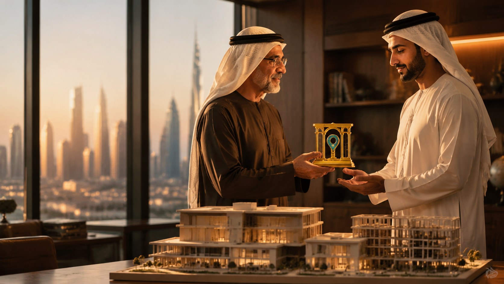 An older Emirati man handing a small gold object to a younger Emirati man across a table of white architectural models