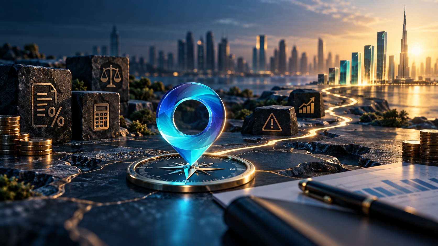 Glowing blue ring marker on a brass compass, gold scales and calculator icons, lit Dubai skyline behind