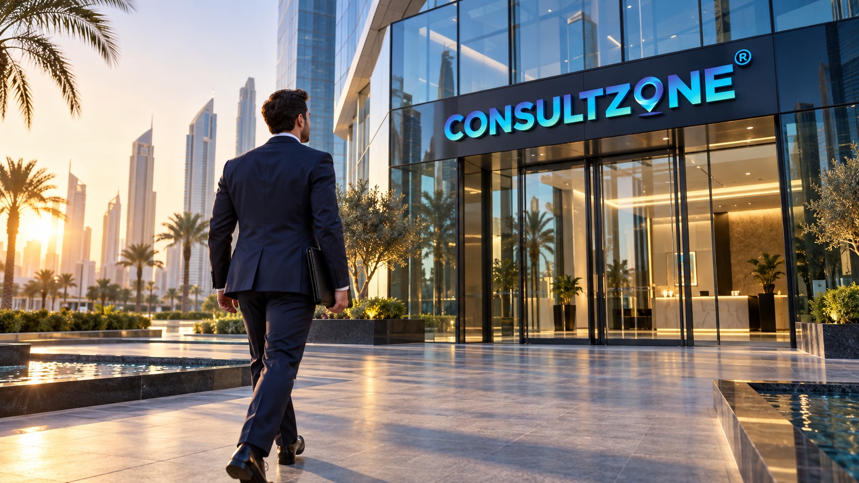 Businessman crossing a palm-lined plaza at sunrise toward a glass office entrance lit with the ConsultZone name