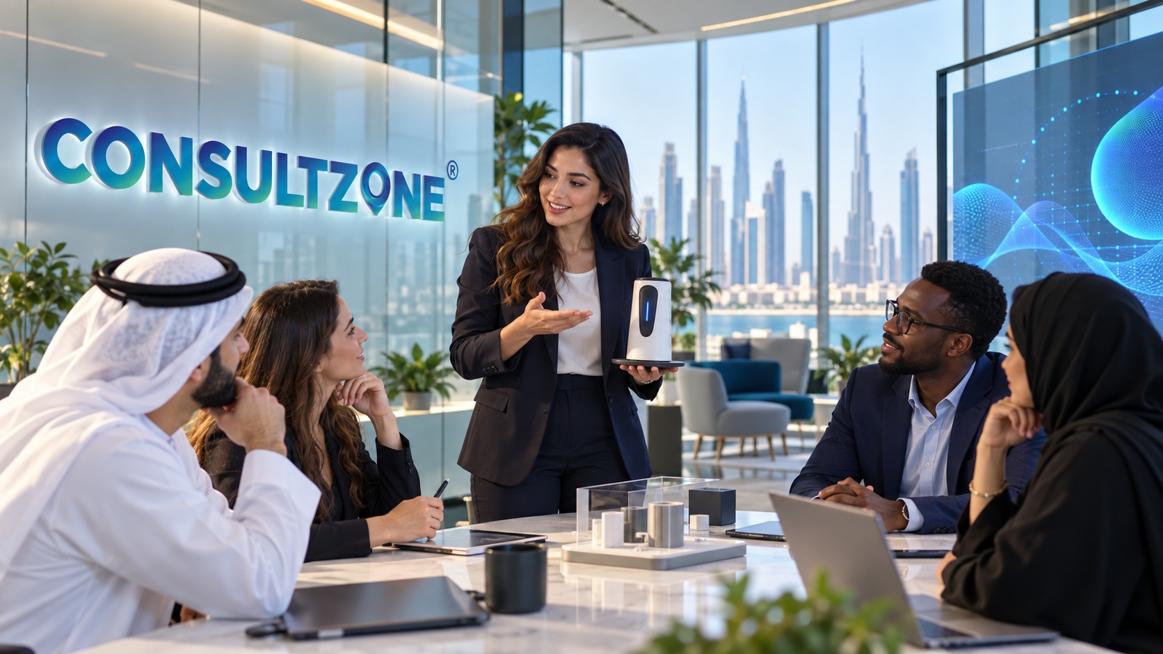 Adviser standing to explain a point to five colleagues around a meeting table, Dubai towers through the glass