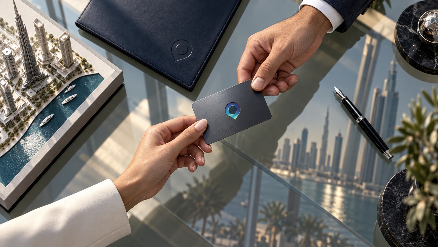 Two hands passing a dark keycard across a glass desk beside a navy folder and a district model