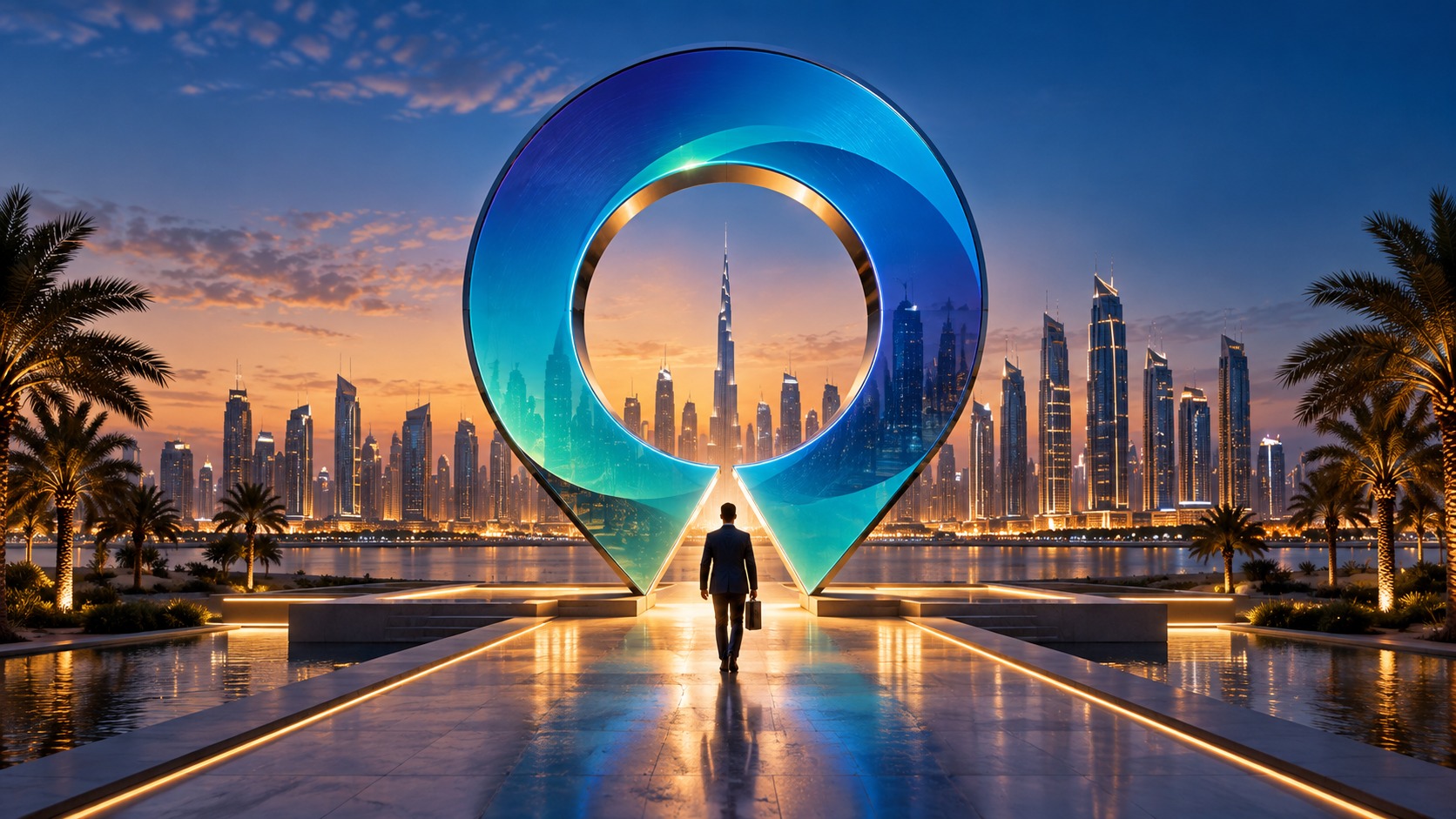 Illuminated circular sculpture on a reflective plaza at dusk, a lone figure framed inside it against city towers