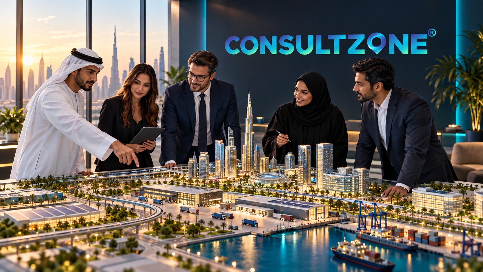 Five colleagues gathered around a large illuminated model of a waterfront business district at dusk