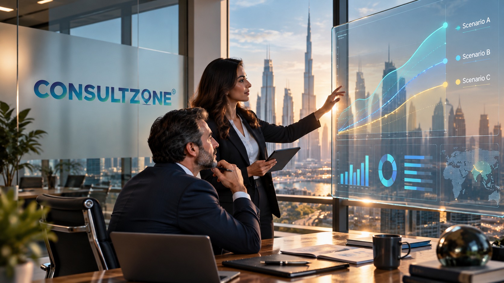 A woman points at three forecast scenarios on a glass screen while a colleague watches, seated