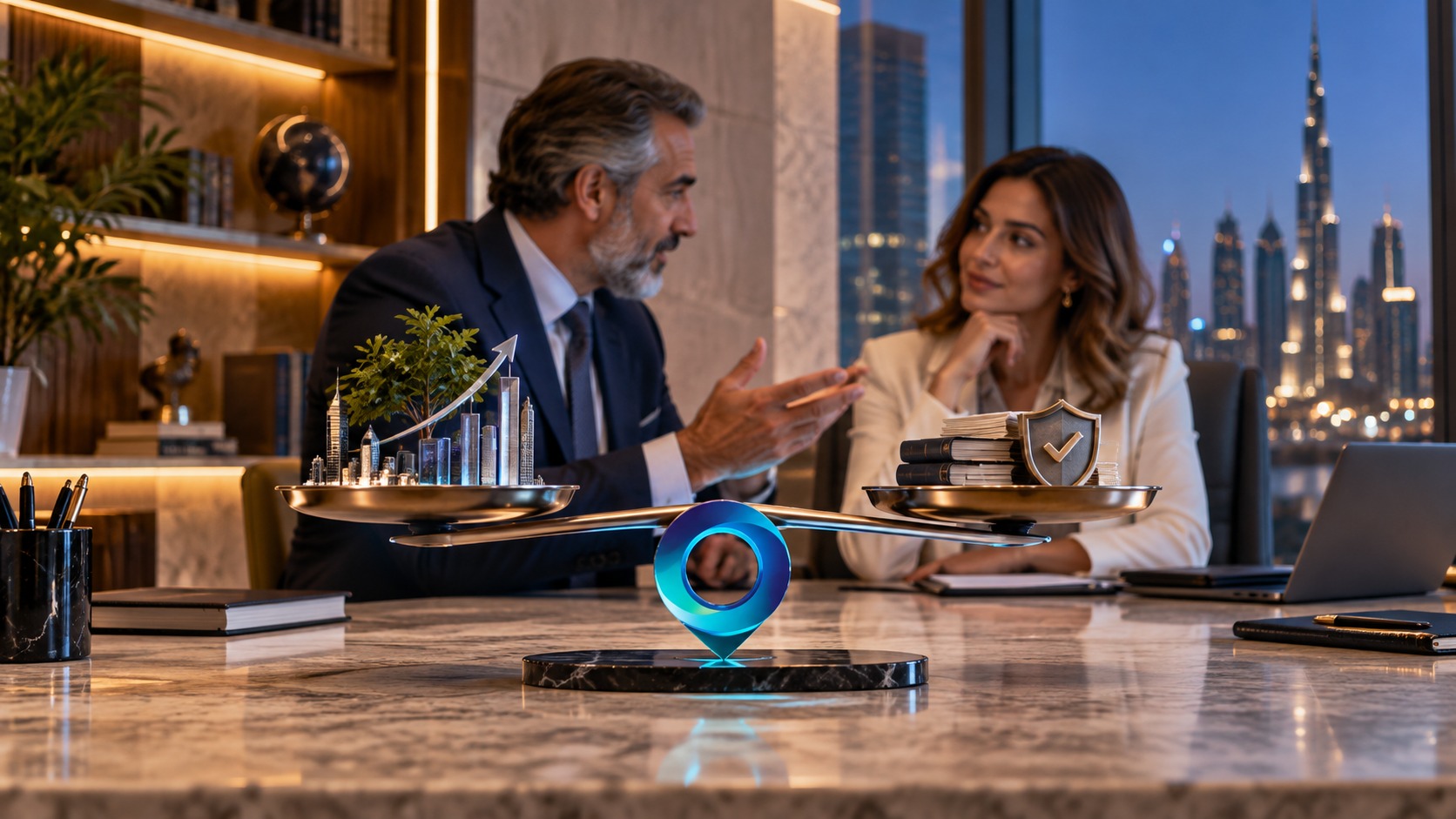 Two advisers talk across a desk where a balance weighs a small tree against stacked coins