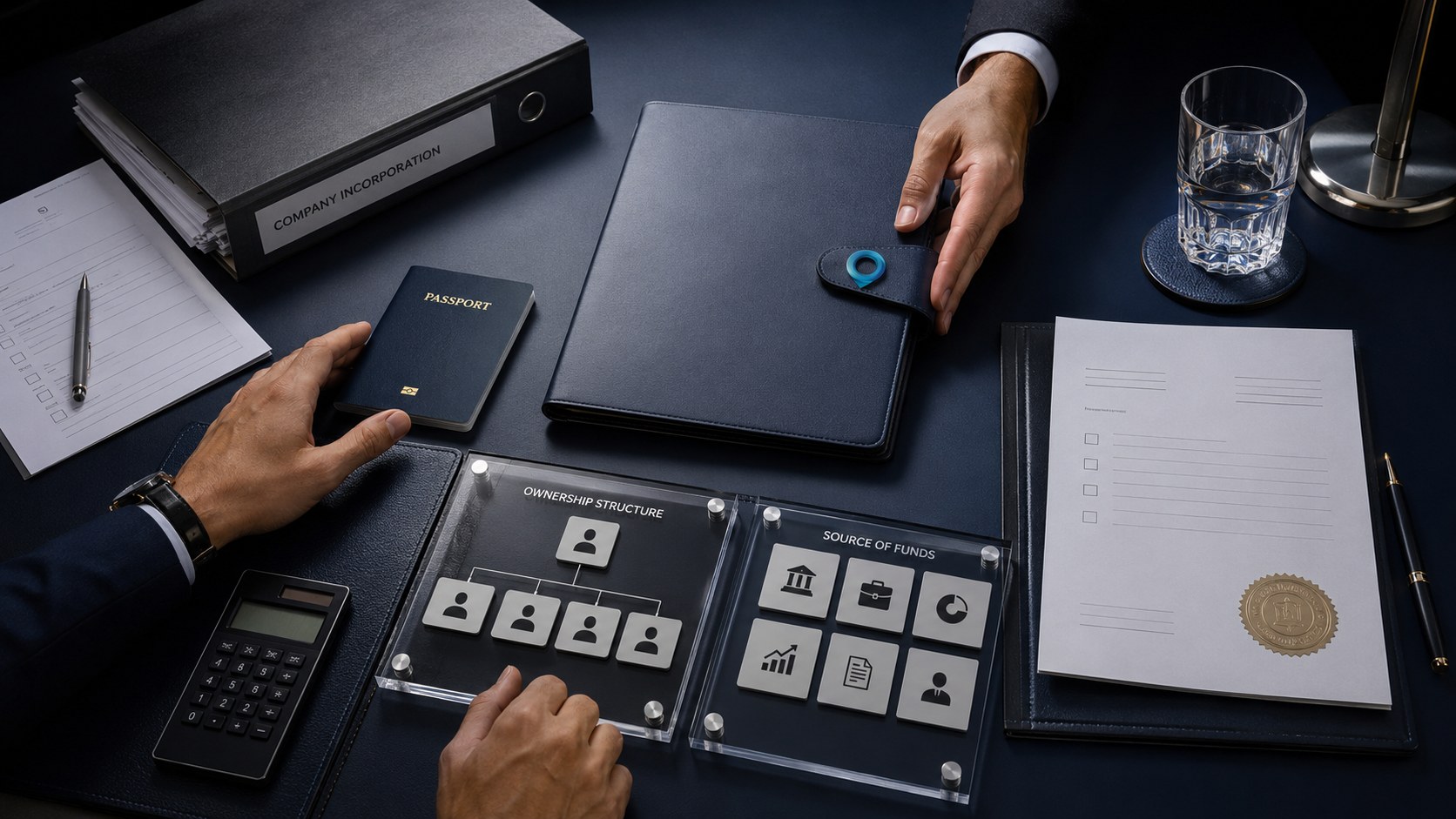 Overhead view of a dark desk with a passport, a company incorporation binder, a checklist and two boards headed Ownership Structure and Source of Funds, hands resting on a leather folio