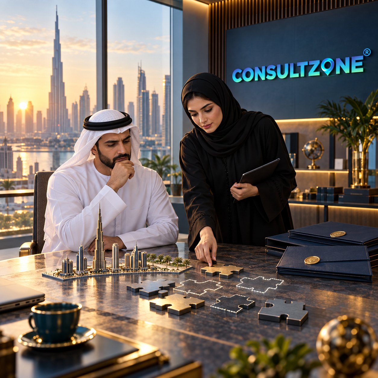 Man in kandura and a woman in abaya lay out puzzle pieces beside a model of Dubai towers