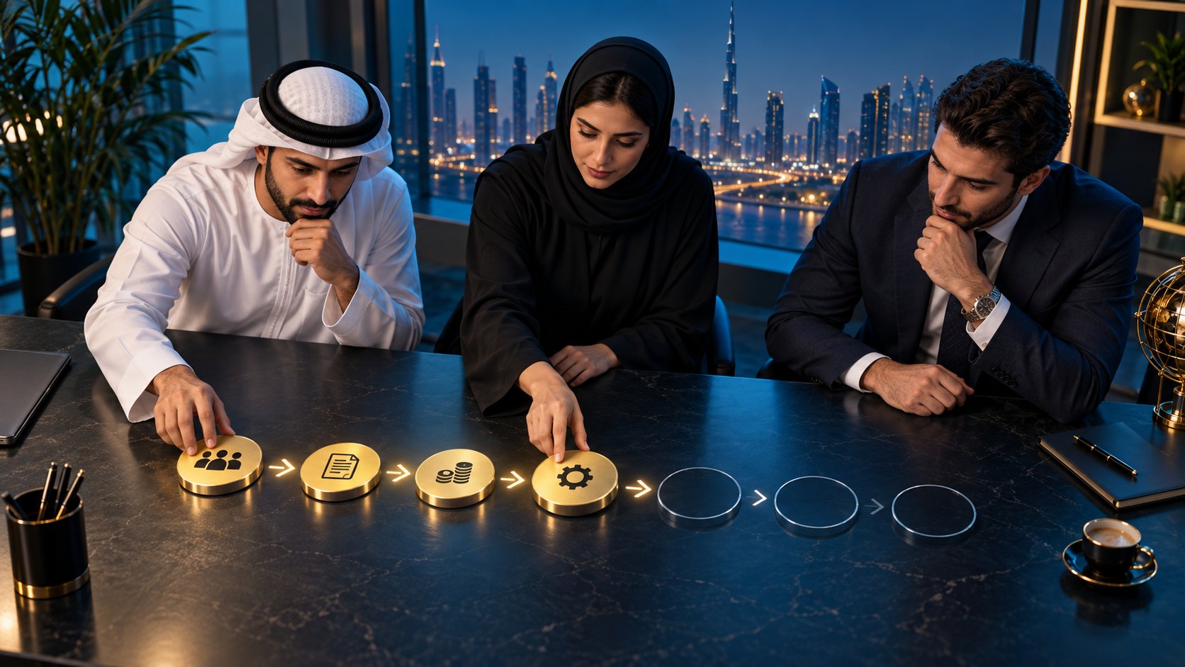 Three colleagues at a night boardroom table trace a row of lit icon discs