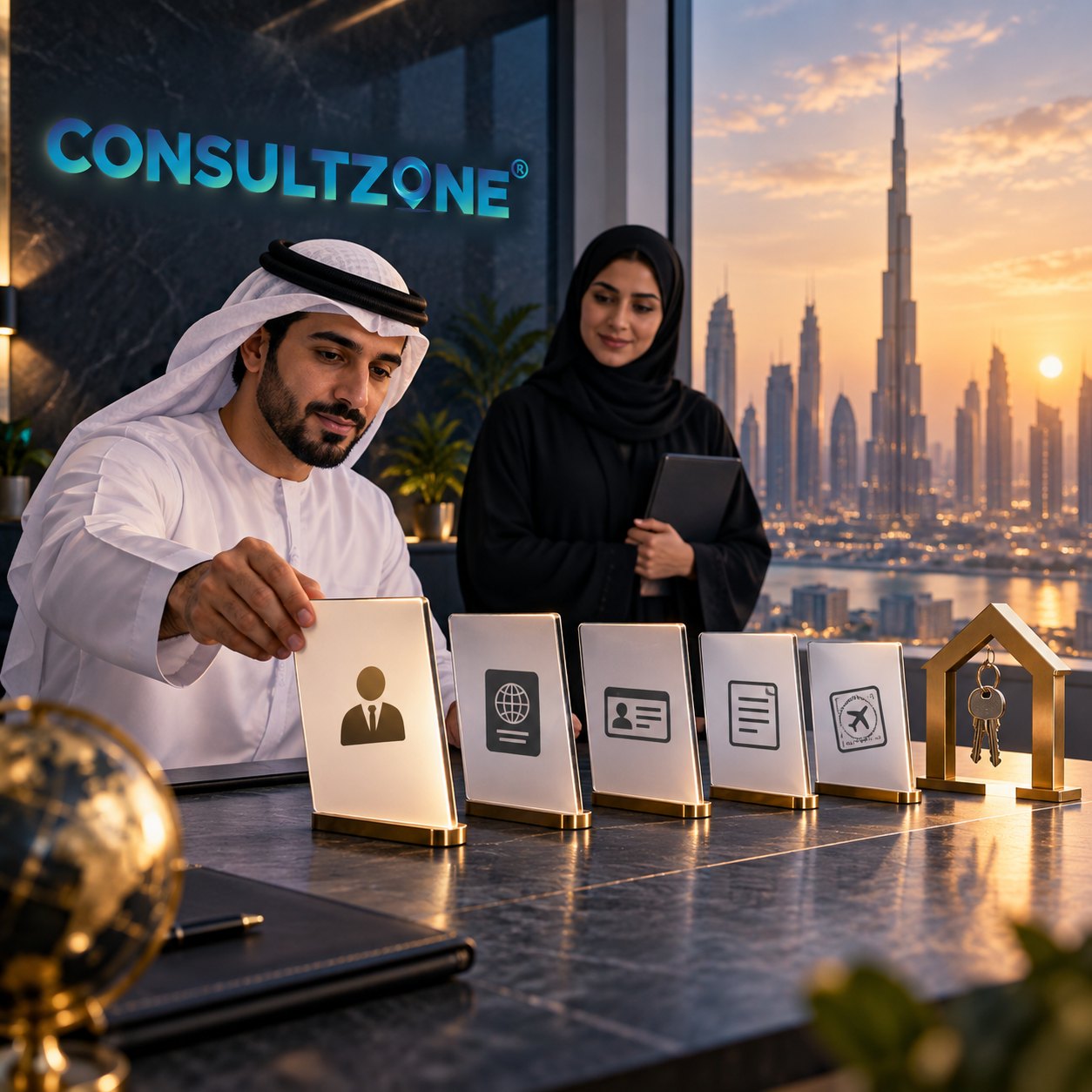 Man sets out a row of icon cards for identity, travel and documents beside a colleague with a tablet