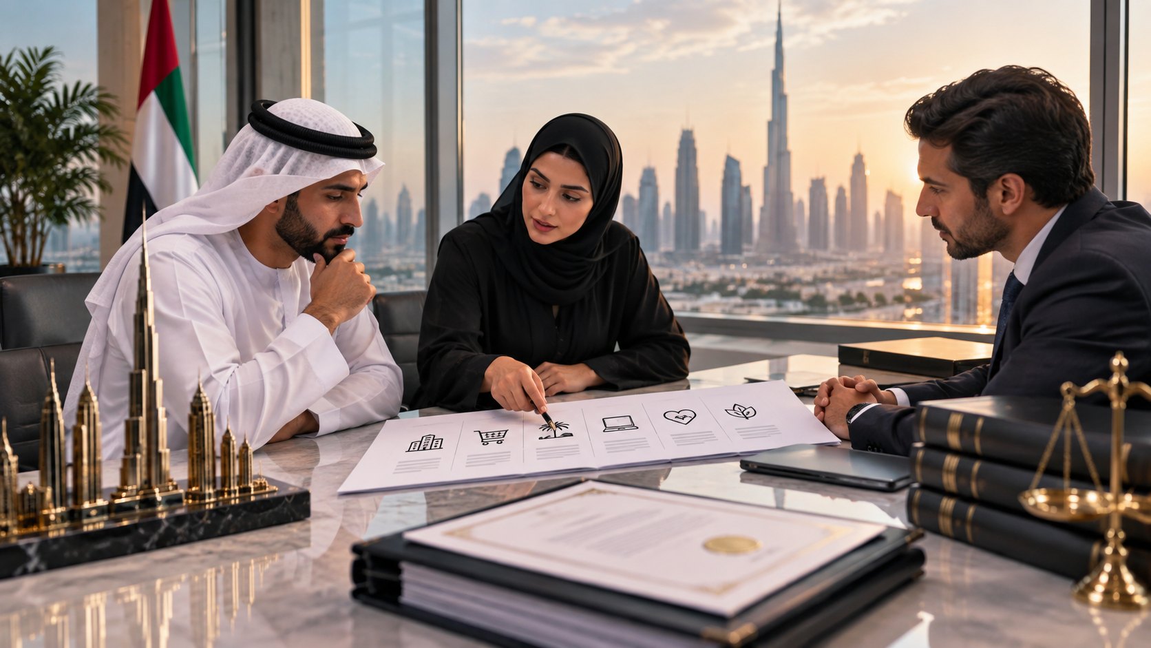 Woman points at an icon chart on an open document between two colleagues, brass scales alongside