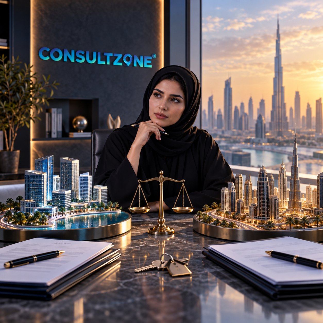 Woman seated between two circular city models with brass balance scales and keys on the desk