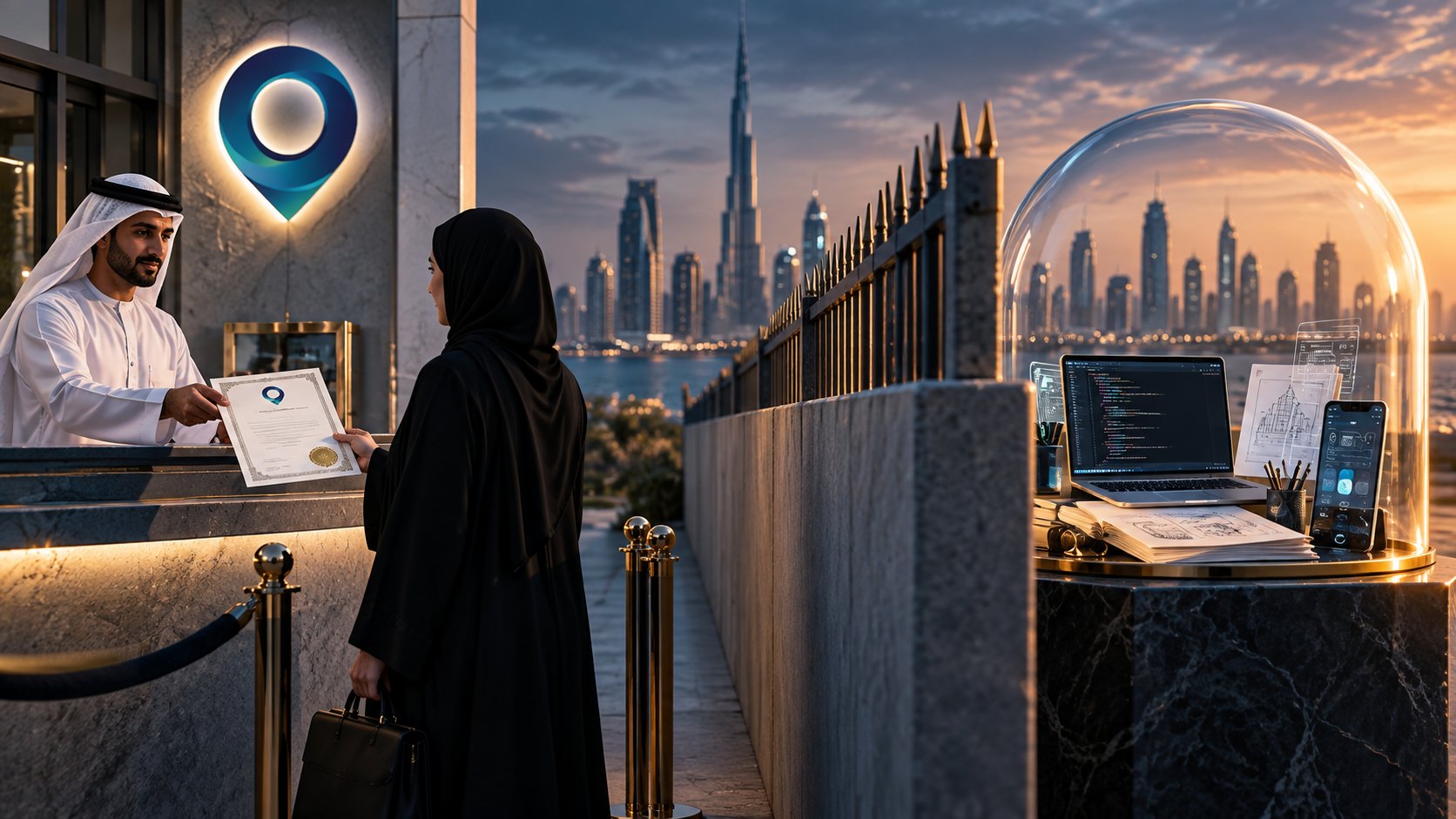 Man hands a certificate across a counter while a glass dome covers a laptop, papers and a phone