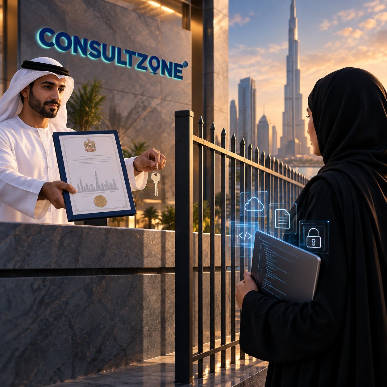 Man at a counter hands a key and framed certificate across a railing to a woman holding a laptop