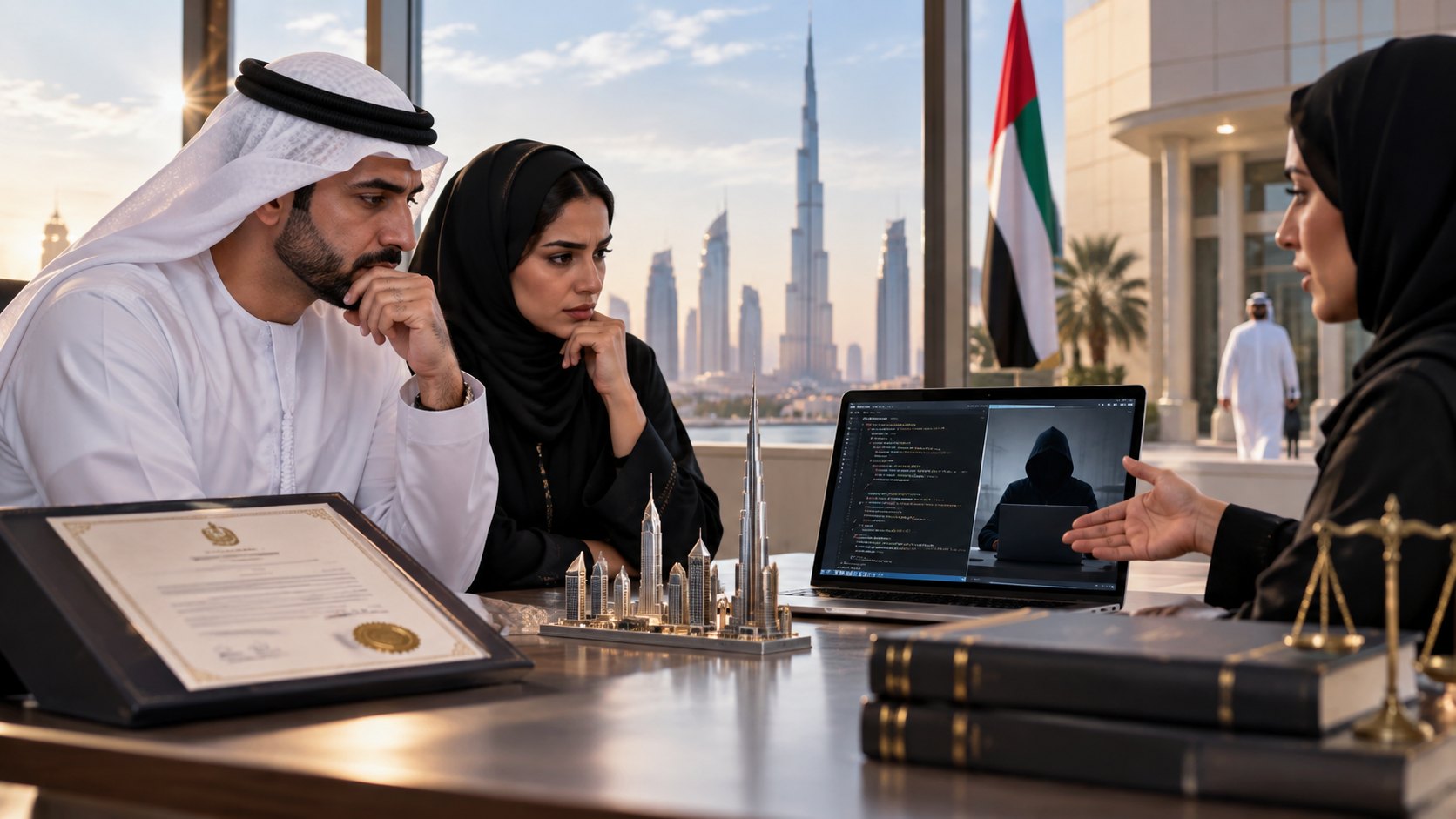 Woman points at a laptop showing code and a hooded figure while two colleagues watch
