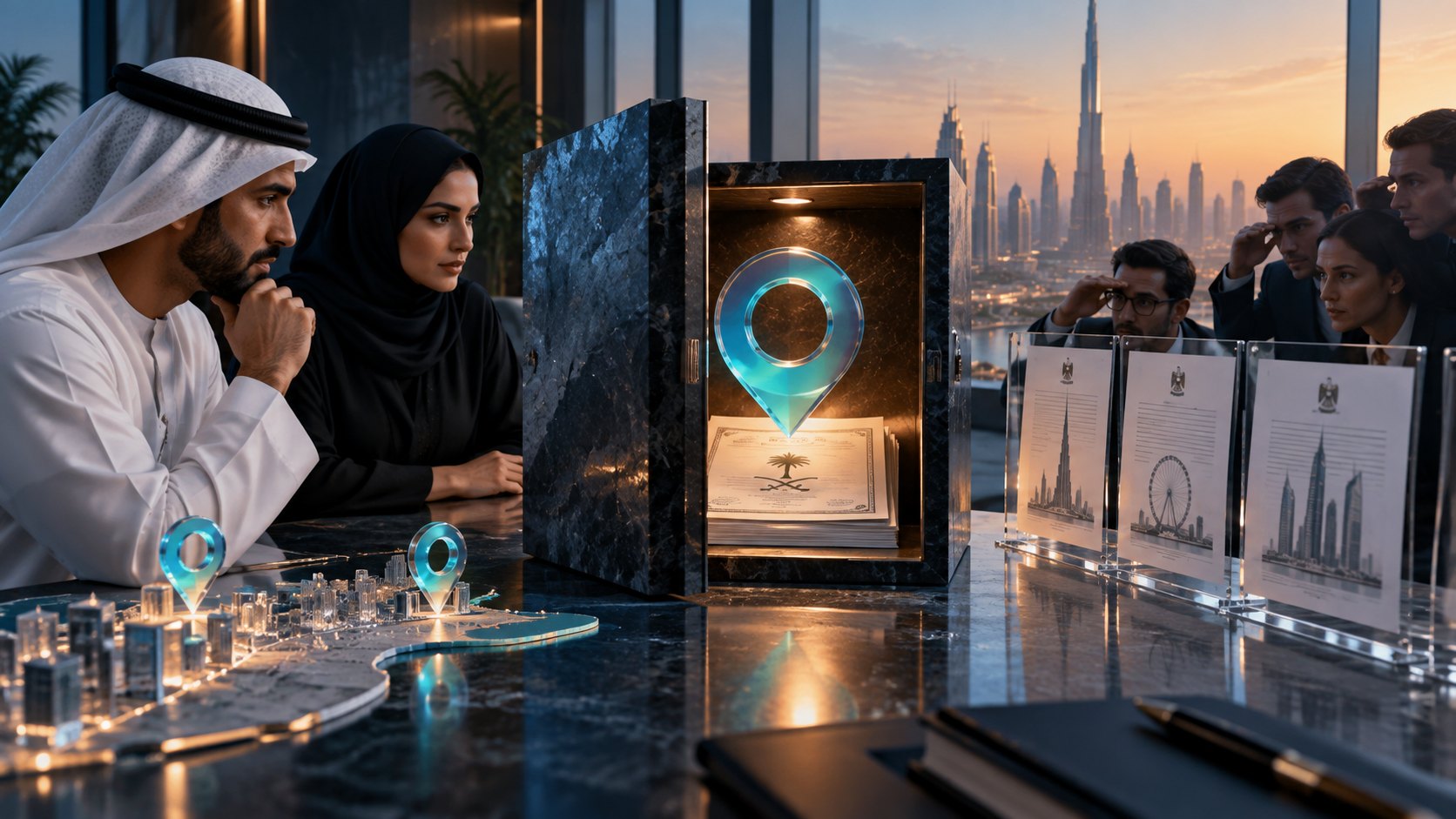 Two people study a lit display case while three onlookers stand beside illuminated document panels