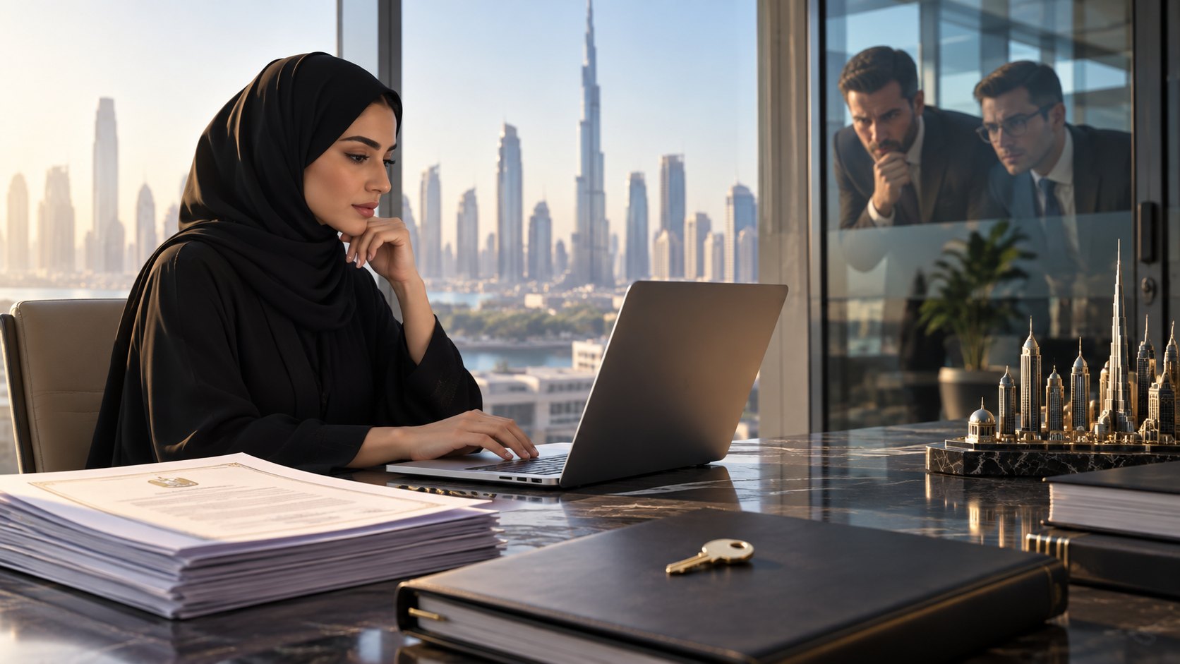 Woman works at a laptop while two men watch through the glass partition behind her