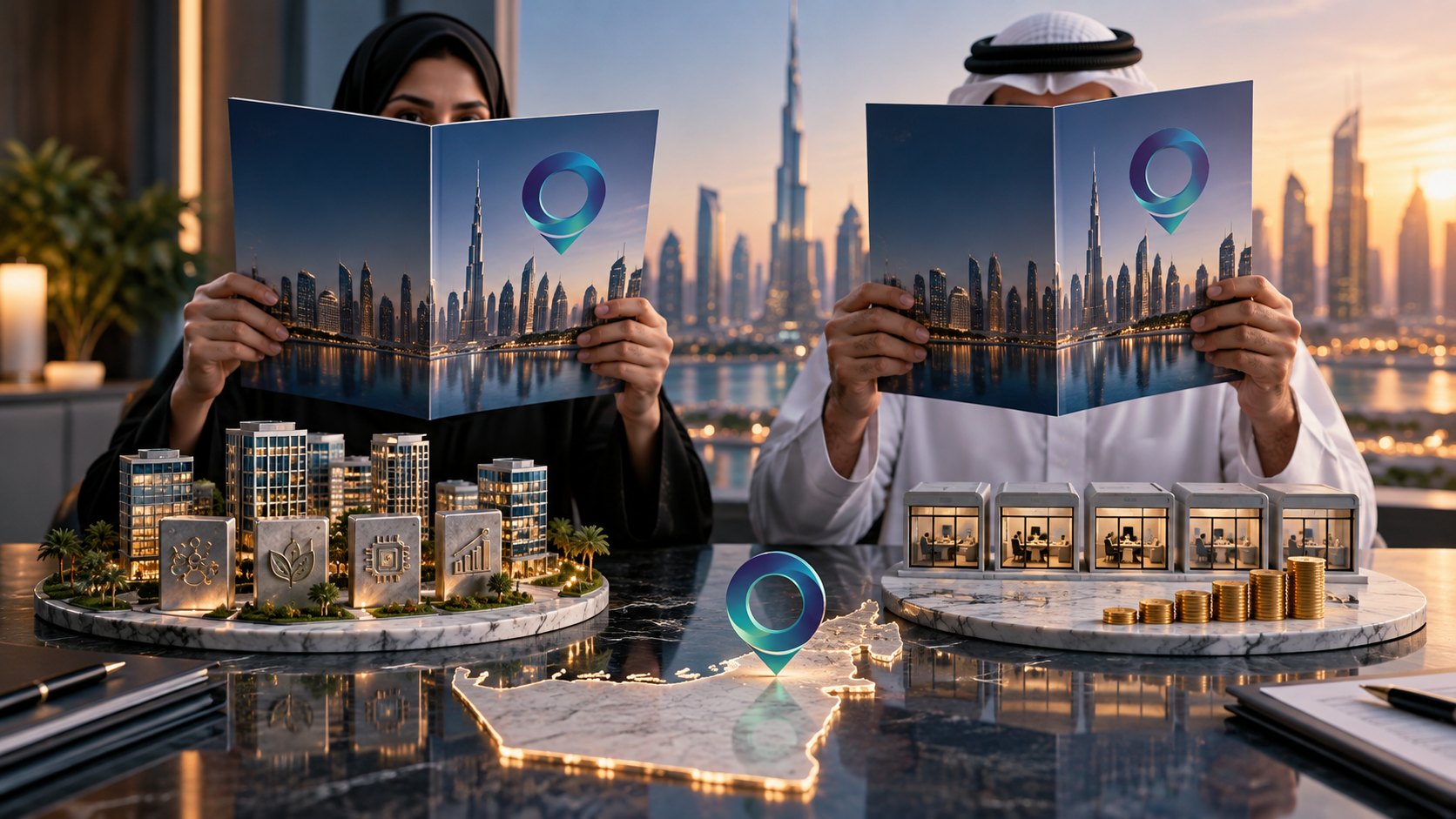 Two people hold open brochures above a glass UAE outline, a lit district and small unit models