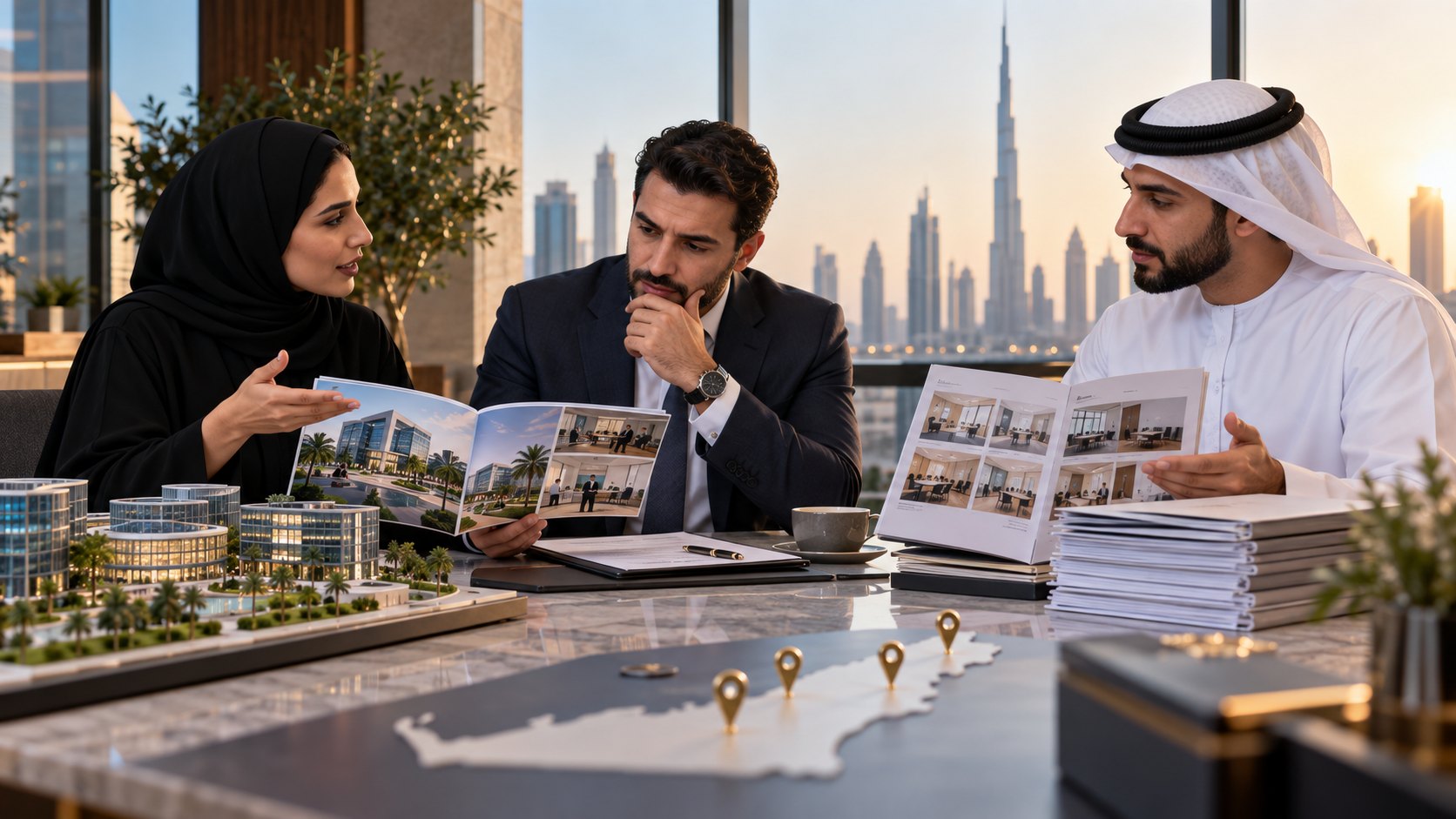 Three people discuss printed sheets over a UAE map dotted with gold pins on the table