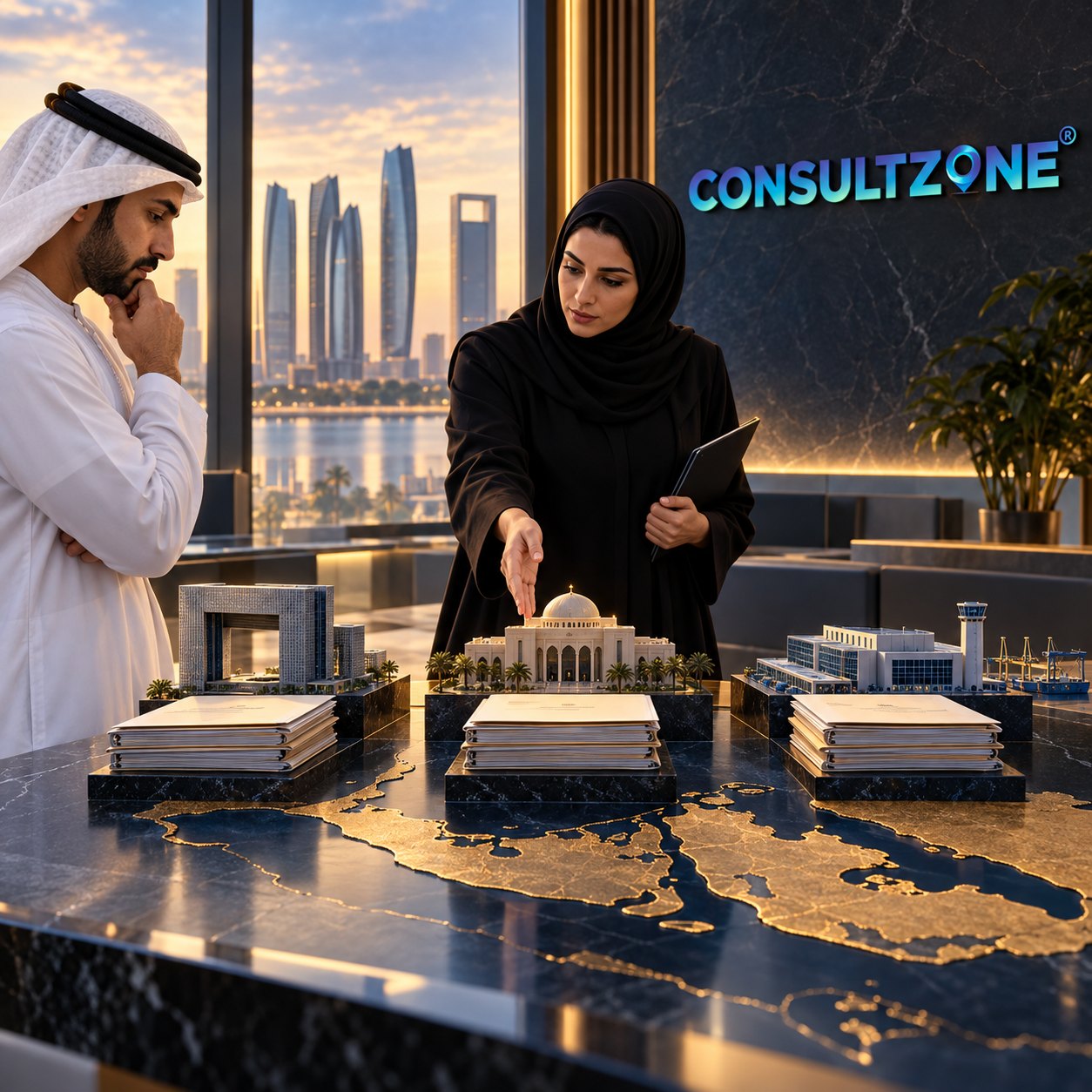 Woman with a tablet points at a domed palace model on a gold-veined table as a colleague watches