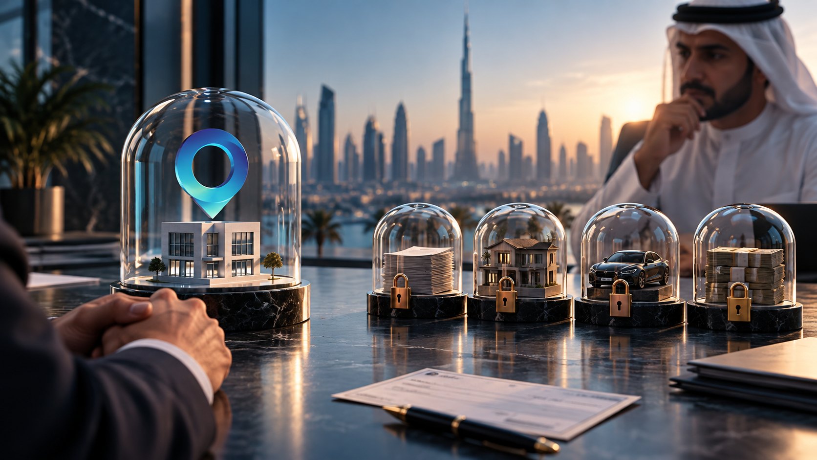 Glass dome over a building model beside four smaller domes each holding a padlock and an asset