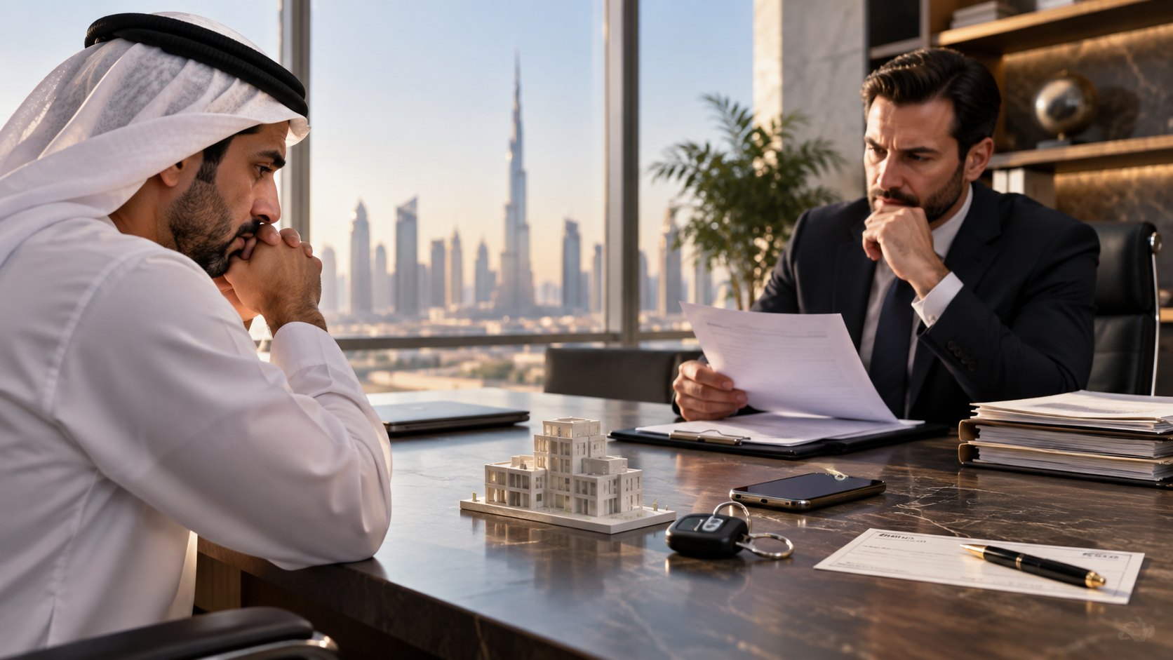 Man in a suit reads a sheet to a seated man in kandura, a car key between them