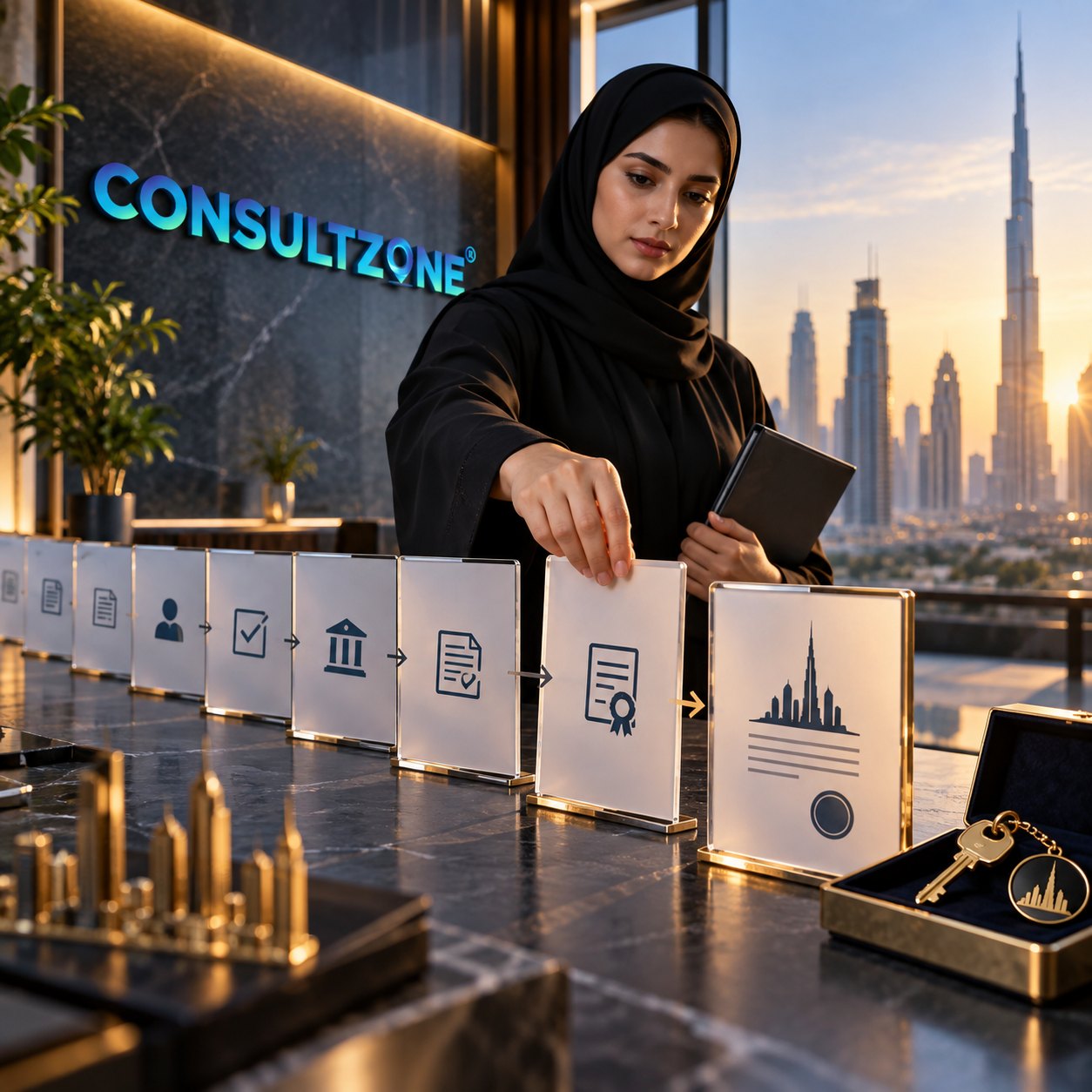 Woman places a booklet at the end of a lit row of icon panels