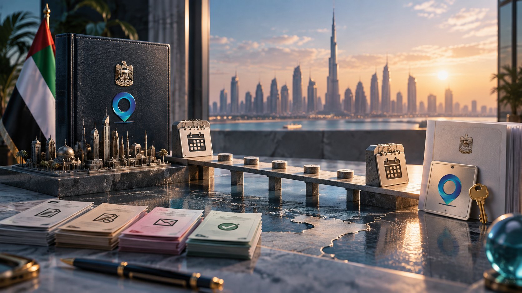 Crested folder and flags beside a line of tiles running to a calendar card and lit panel