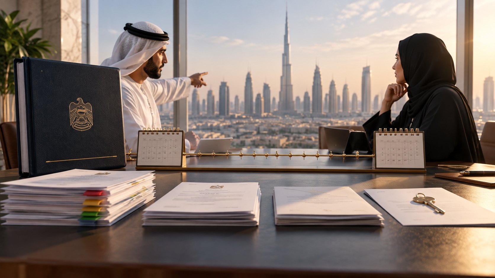 Man points out of the window at the skyline while a seated woman listens across stacked papers