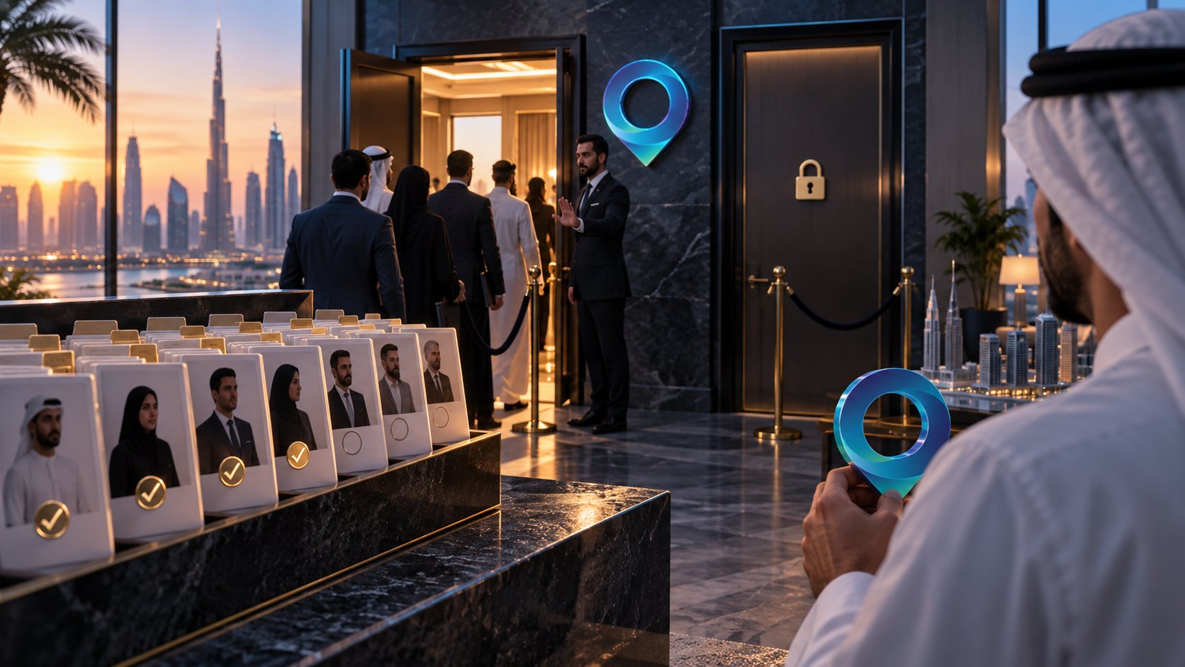 Row of portrait badge cards on plinths before a roped doorway where men in suits talk