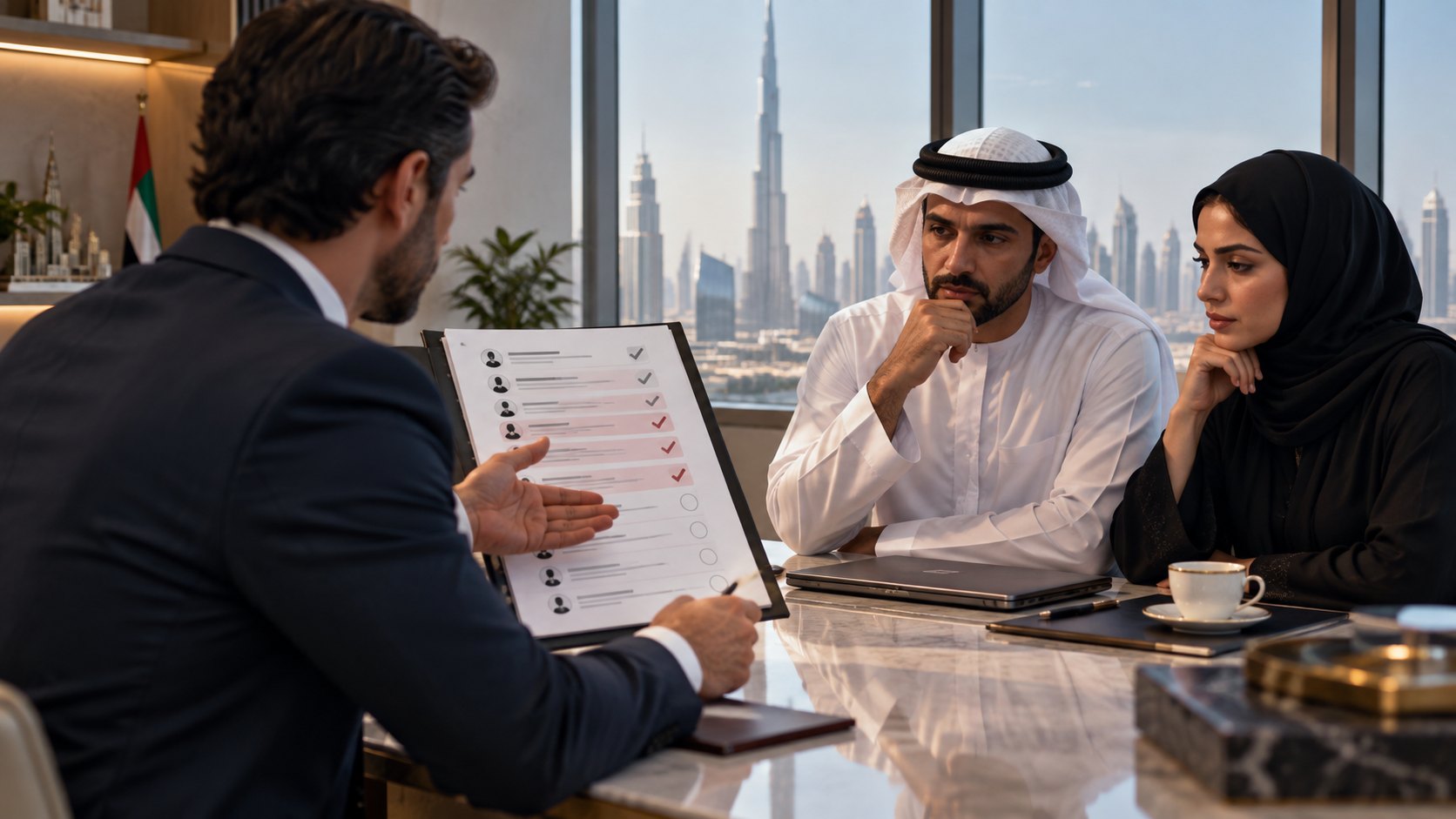 Man holds up a marked checklist board to two colleagues seated across the table