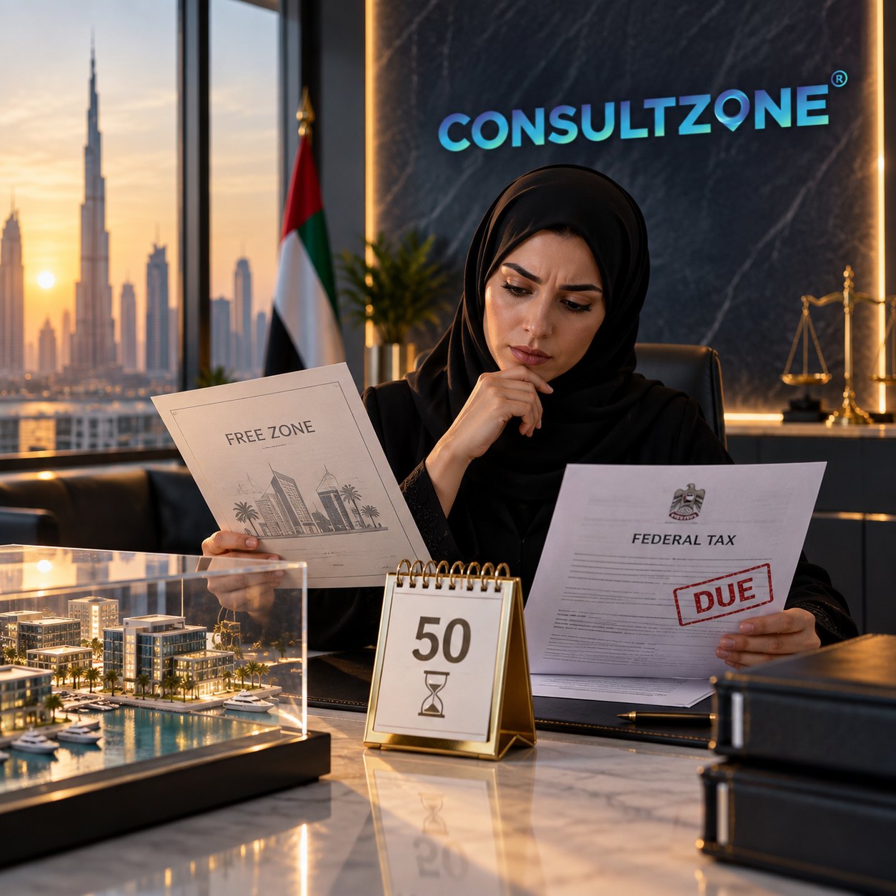 Woman compares a free zone sheet against a federal tax notice stamped due, an hourglass calendar beside her