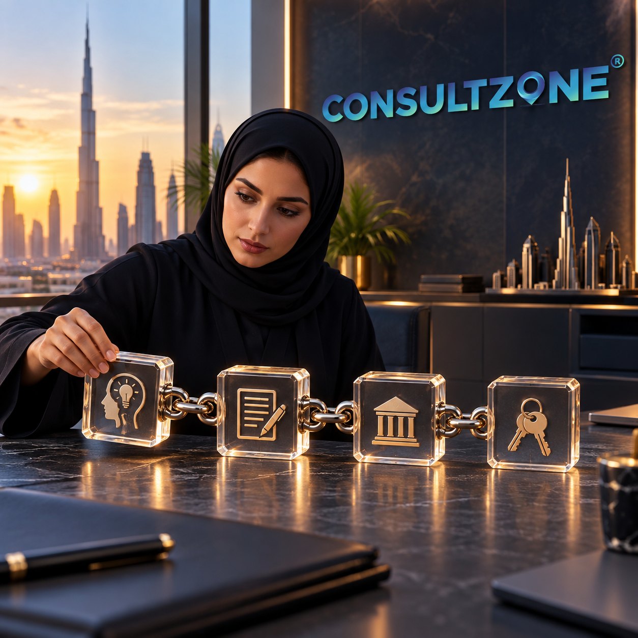 Woman at a marble desk setting the last of four chained glass blocks marked with licence icons