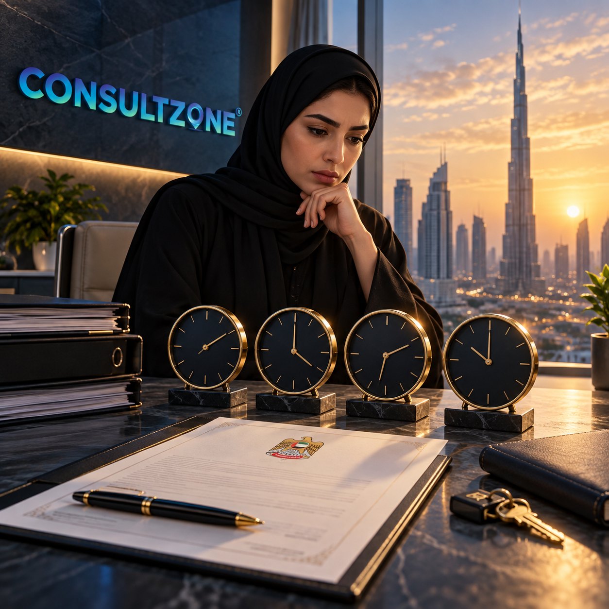 Woman resting her chin on her hand over a stamped document, four clocks lined up beside it