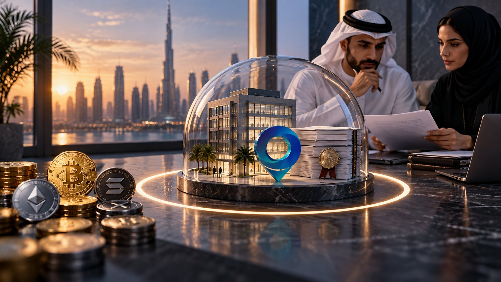Glass dome over a model office block, cryptocurrency coins stacked beside it, two colleagues reading behind