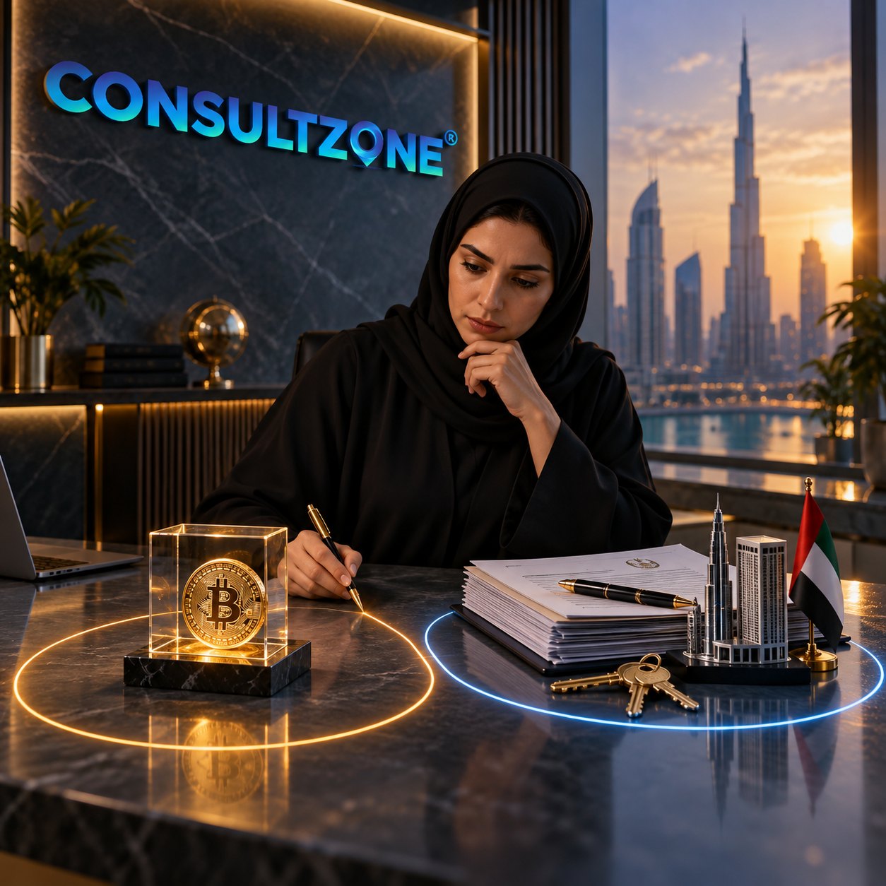 Woman writing at a desk beside a glass cube holding a single coin inside a lit ring