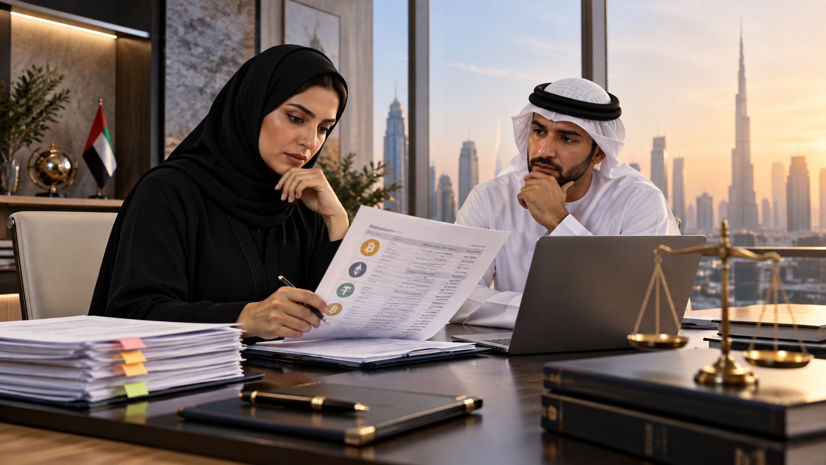 Woman holding a printed sheet of icons while a colleague studies it, scales and files alongside