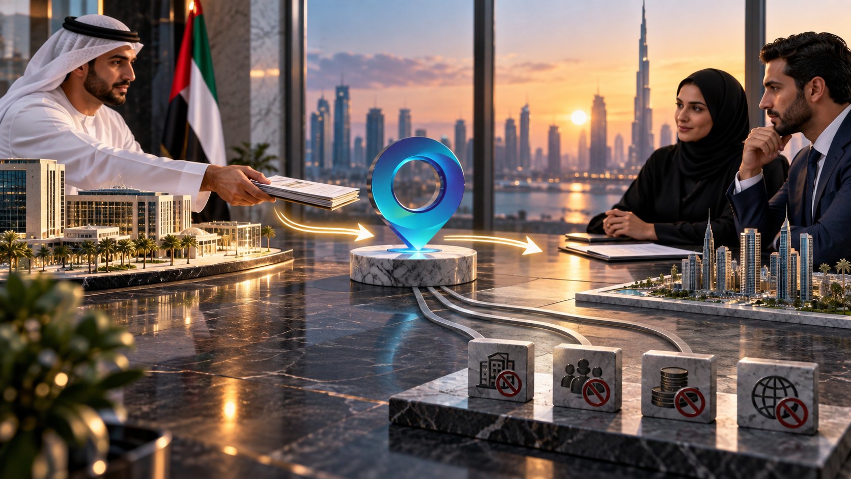 Man in a kandura handing a folder across a table past a lit map pin to two colleagues