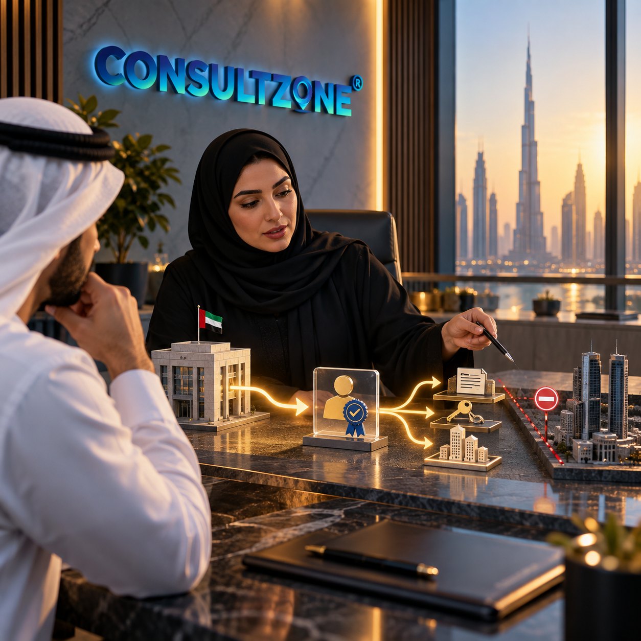 Consultant pointing a pen along a row of desk models as a client in a kandura listens