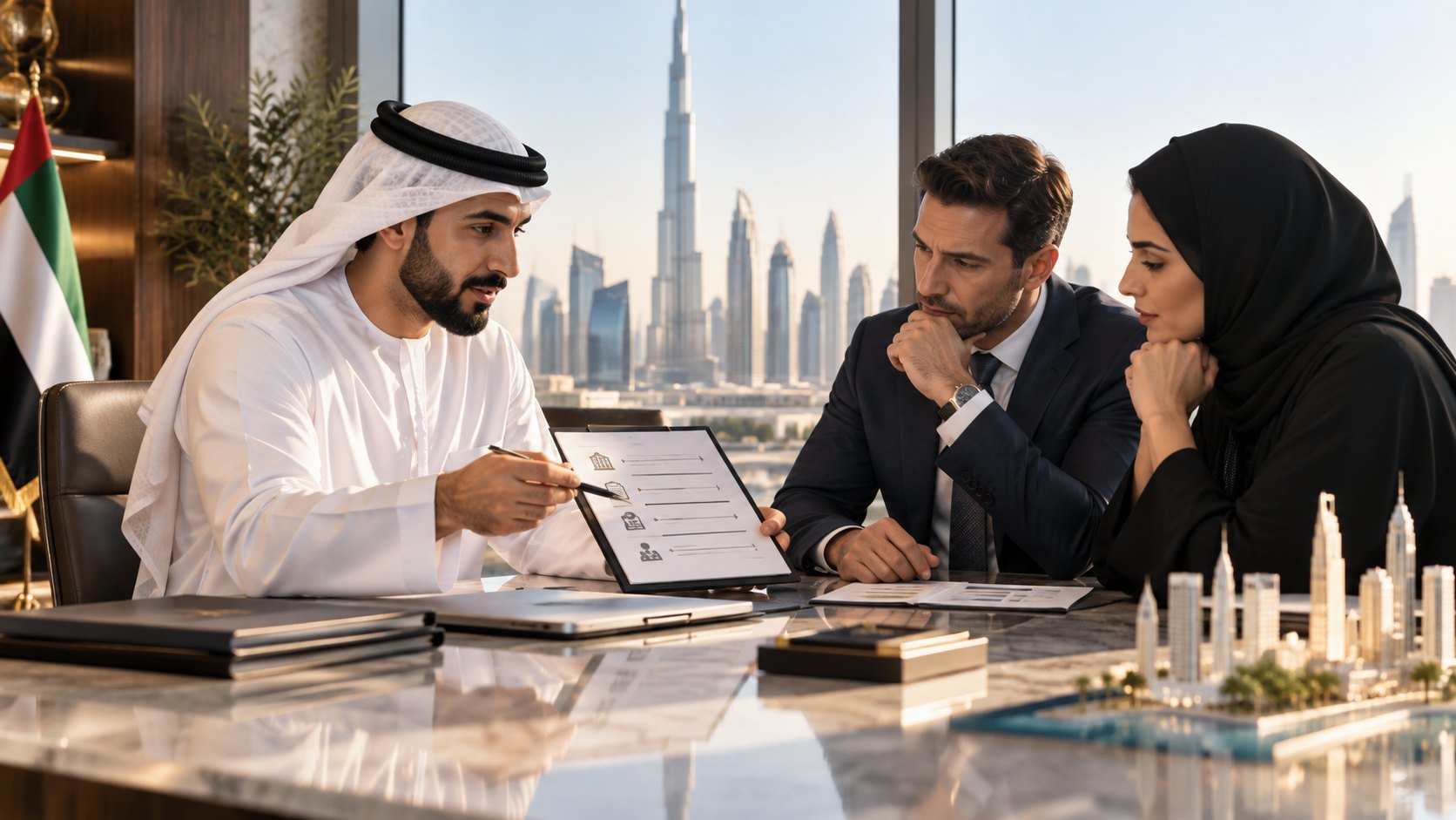 Man in a kandura pointing a pen at a document while two colleagues lean in to read