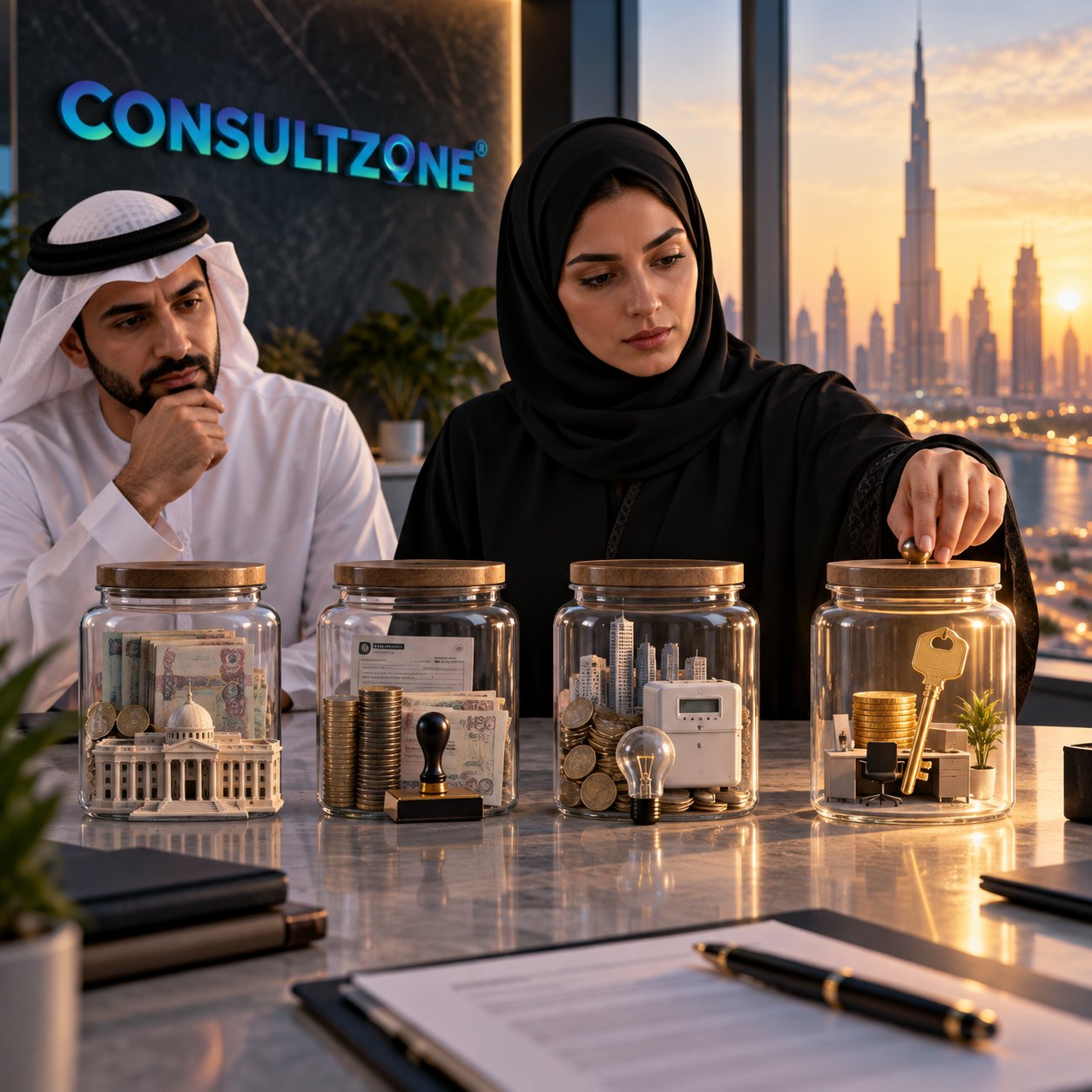 Woman dropping a coin into the last of four glass jars holding a key, a bulb and models