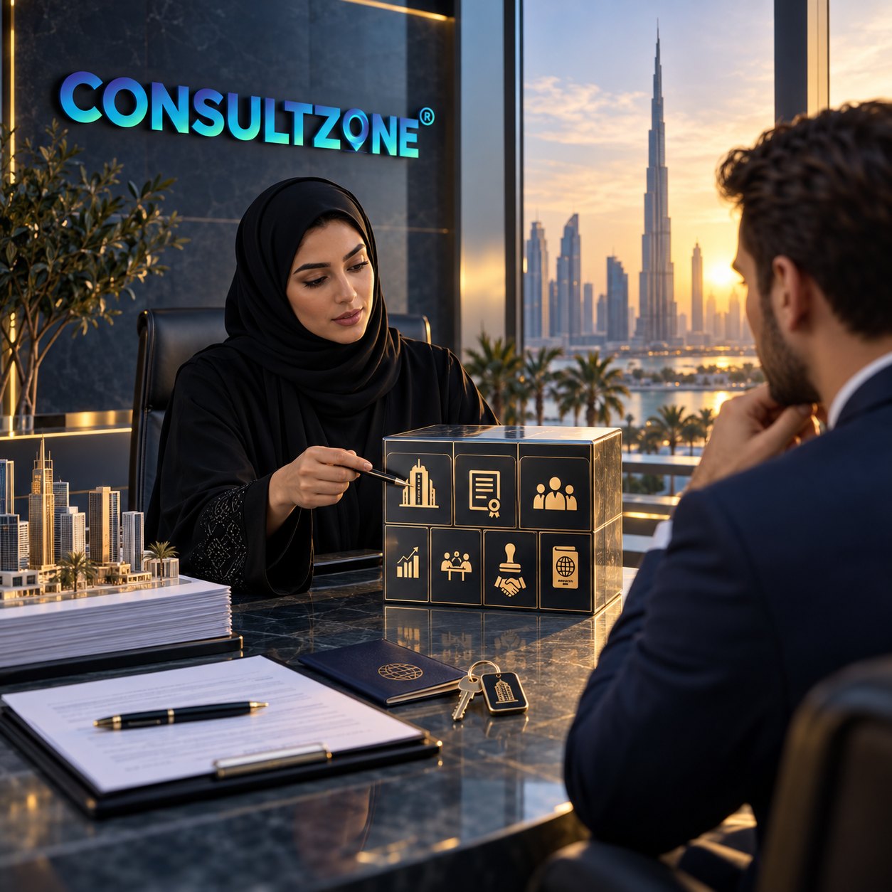 Woman pointing a pen at a cube of engraved service icons as a suited client watches