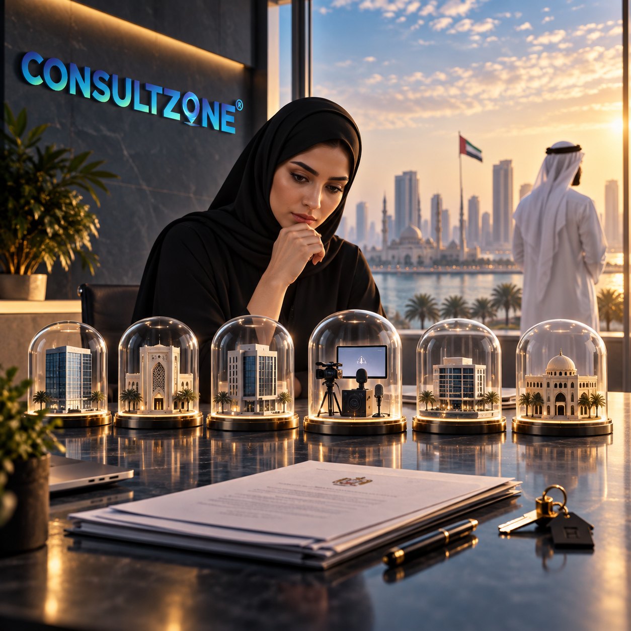 Woman behind six glass domes holding model buildings and a camera on a tripod, papers in front