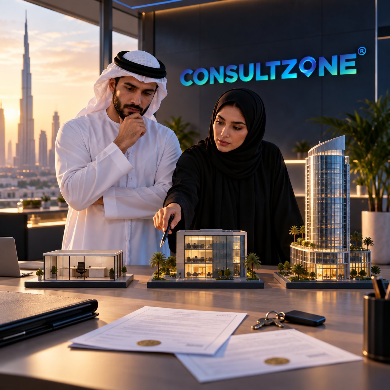Woman pointing her pen at the middle of three lit building models as a man beside her considers them