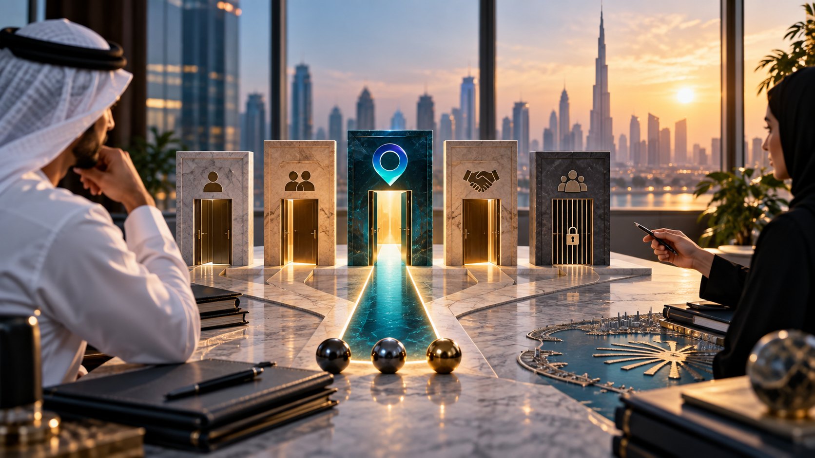 Five engraved panels in a row, a glowing map pin above the middle one and a path leading in
