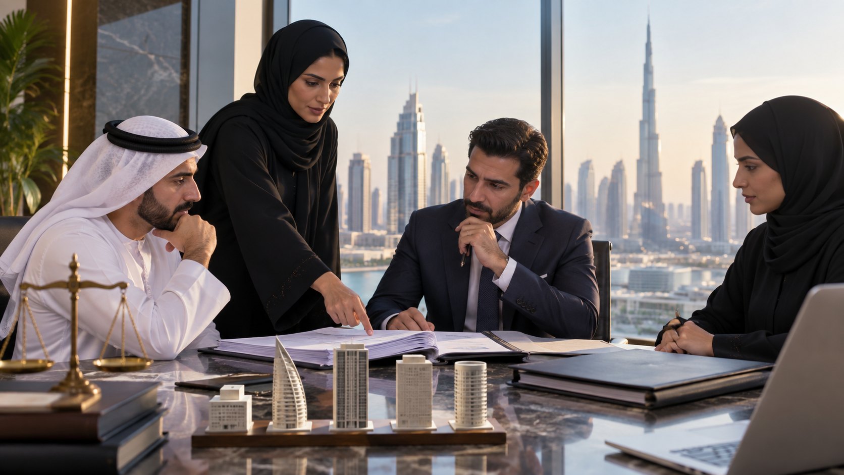 Standing woman pointing at an open document for three seated colleagues, a tower model in the foreground