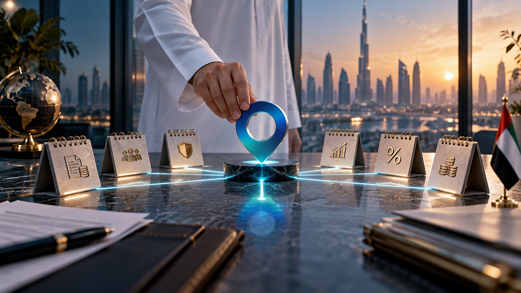 Hand setting a glowing map pin down in the middle of a row of small desk calendars