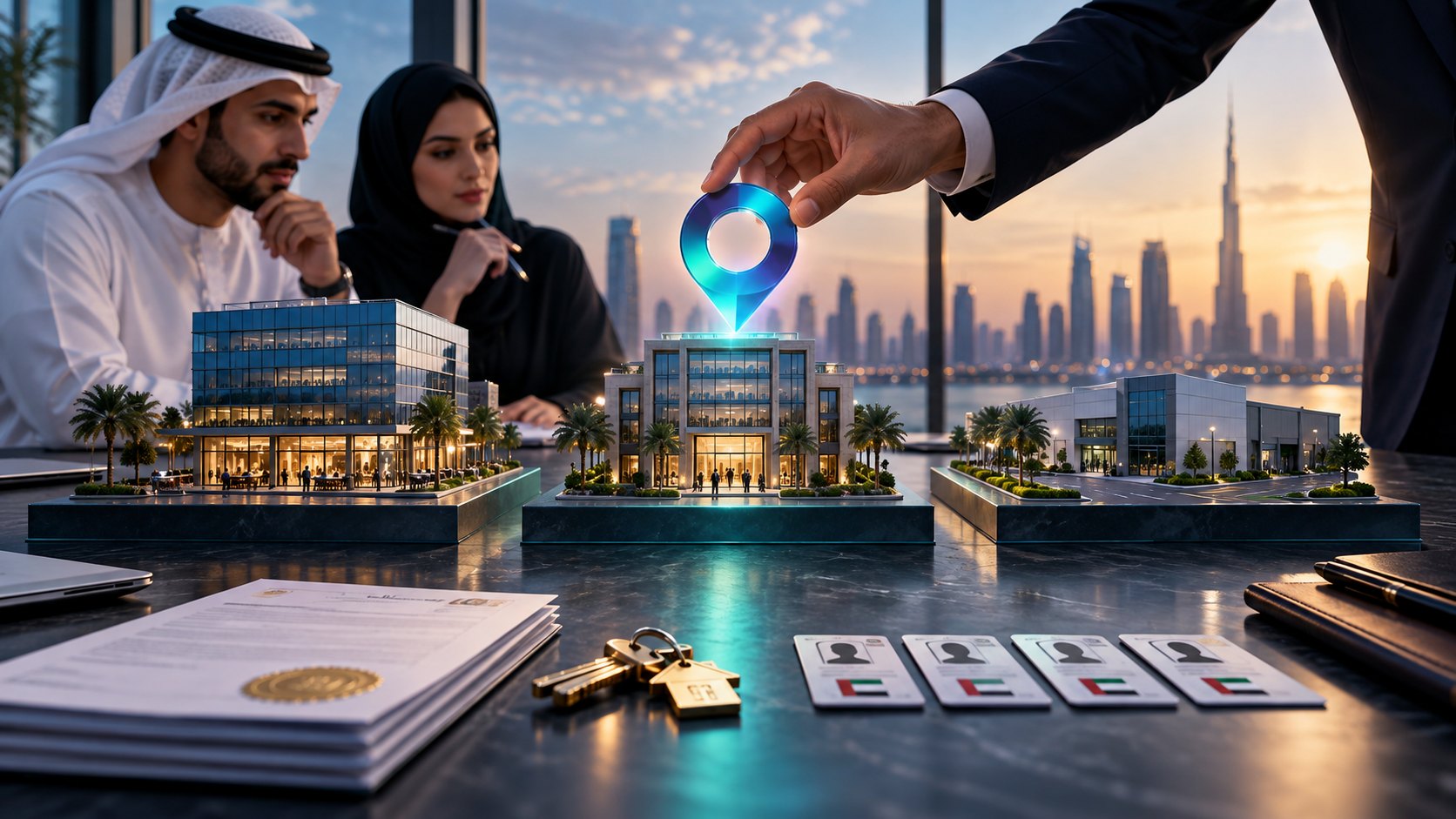 A hand lowers a glowing marker onto a lit architectural model of offices, keys and documents alongside