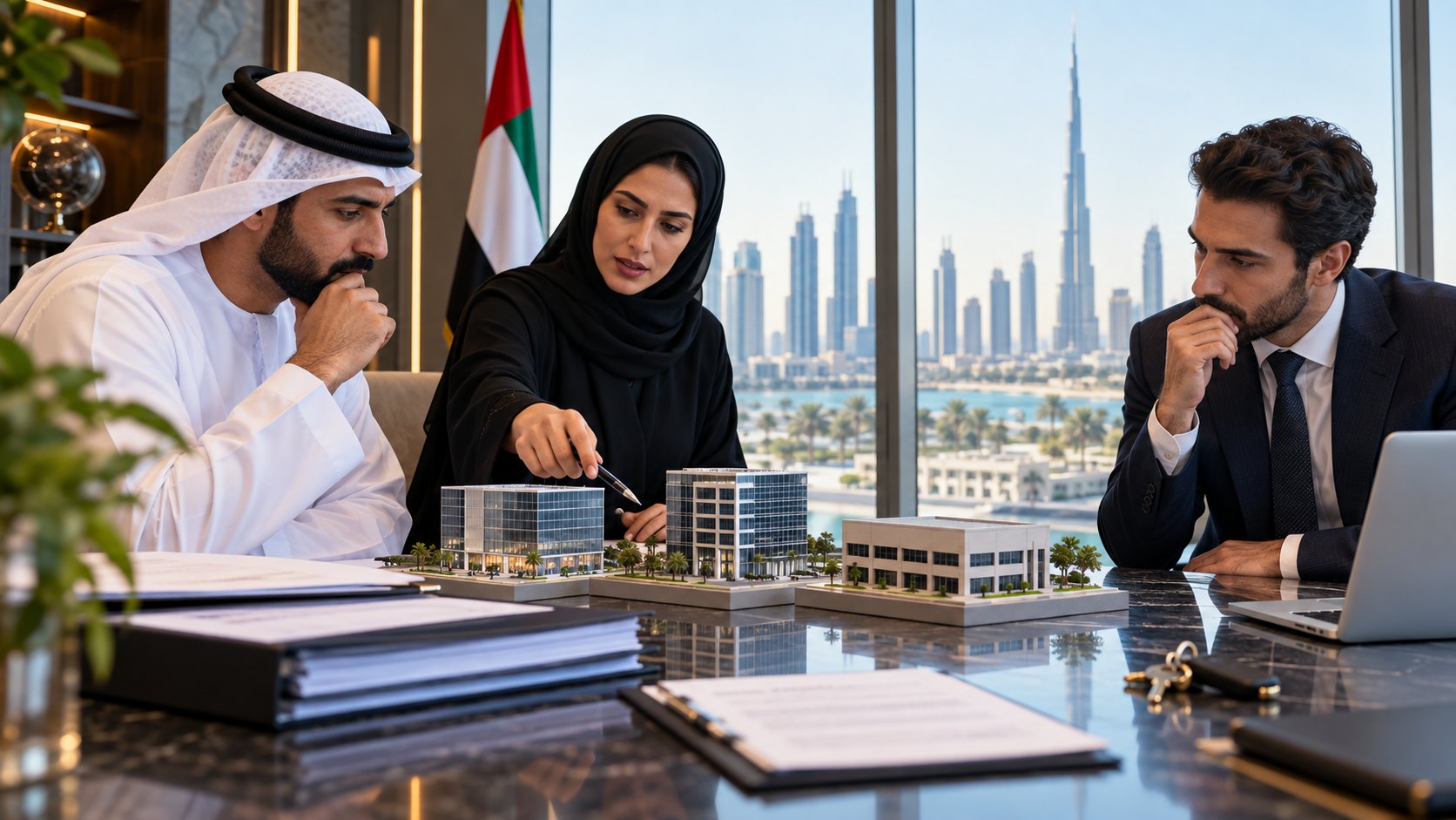 Two men and a woman study an architectural model of low-rise buildings, Burj Khalifa beyond the glass