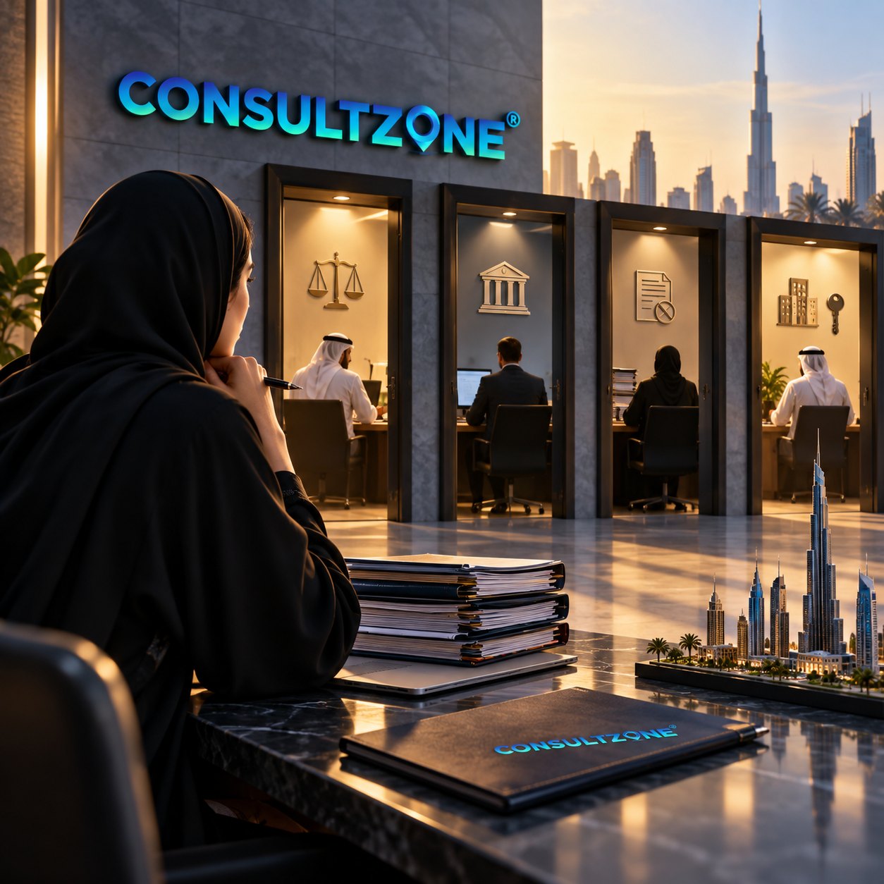 A woman in an abaya at a desk of stacked folders, facing four lit service counters, Burj Khalifa beyond