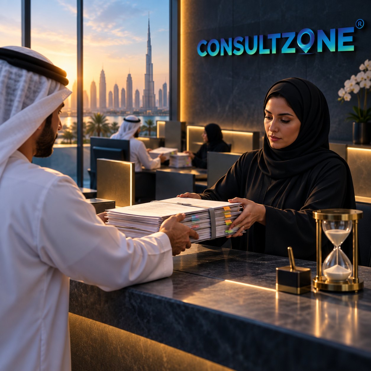 A man in a kandura hands a thick stack of documents across a counter to a woman, brass hourglass alongside